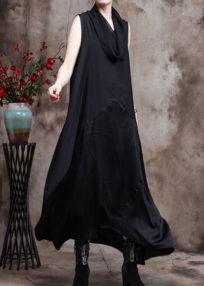 Classy Black Silk Dress Tunics Patchwork Vestidos De Lino Dress - SooLinen