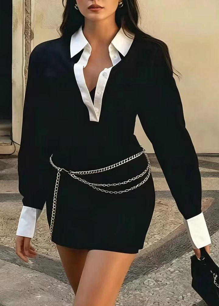 Classy Black Turn-Down Collar Mini Dress Long Sleeve