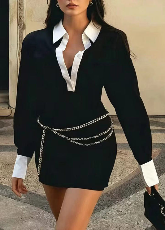 Classy Black Turn-Down Collar Mini Dress Long Sleeve