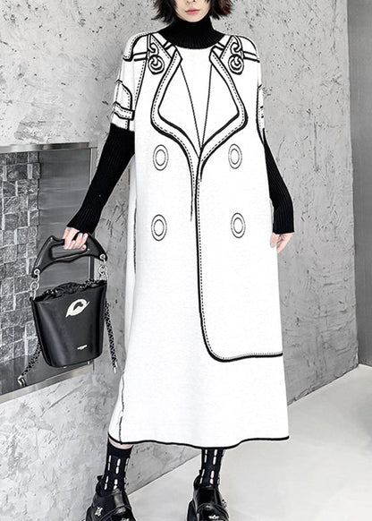 Classy Black Turtleneck Print Wear On Both Sides Cotton Knit Long Sweater Dress Fall