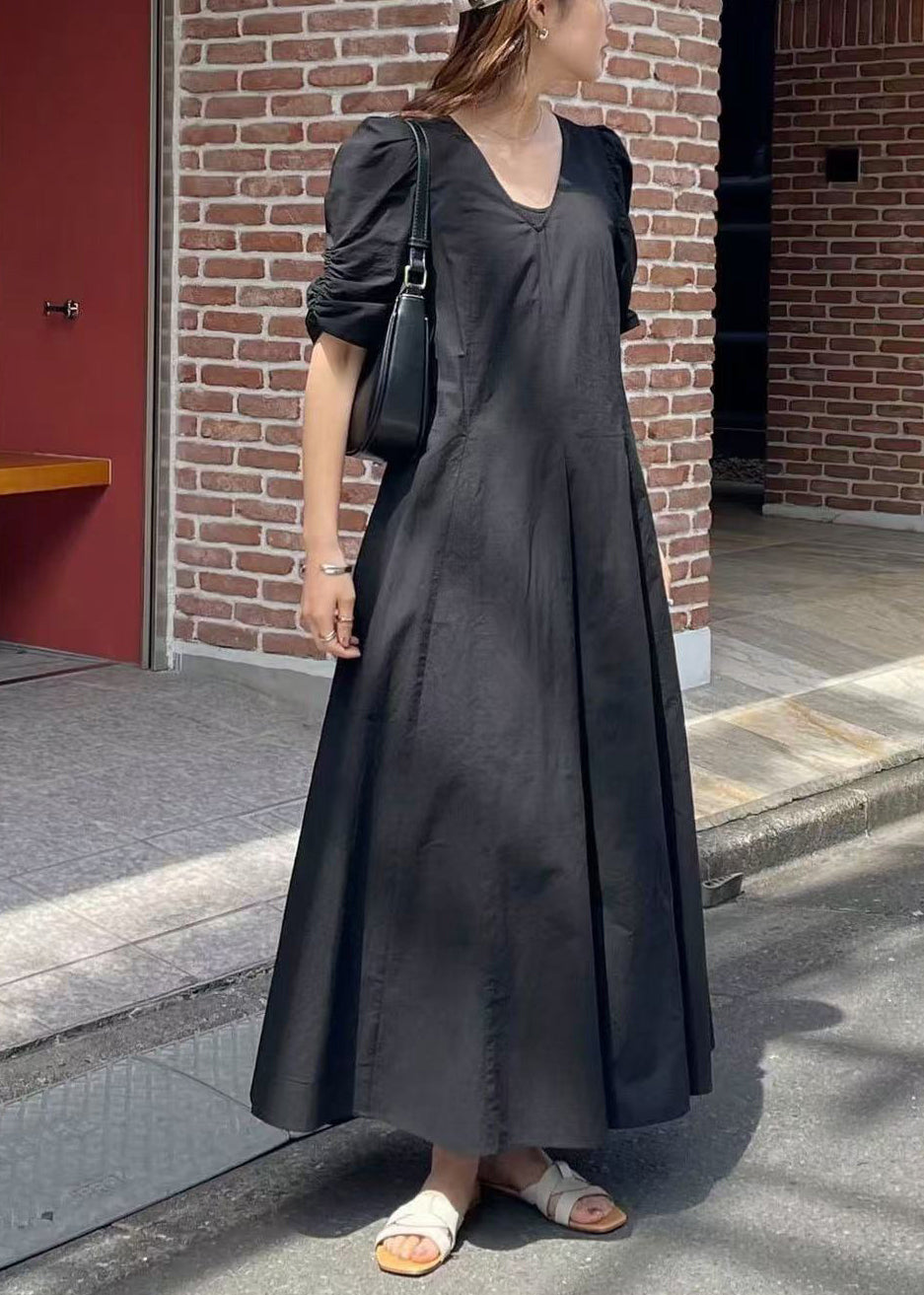 Classy Black V Neck Exra Large Hem Long Dresses Puff Sleeve
