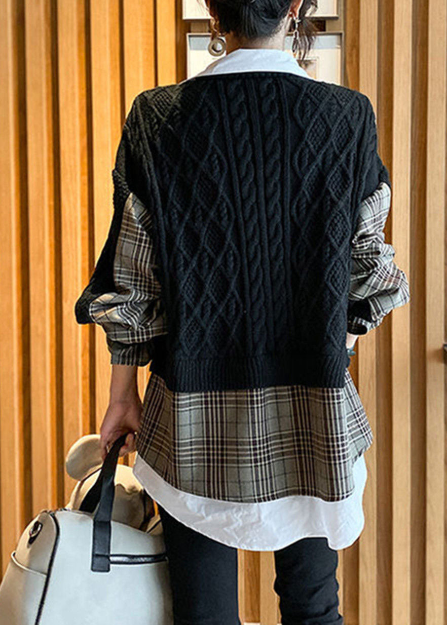 Classy Black V Neck Knit Patchwork Plaid Fall Wool Two Pieces Set
