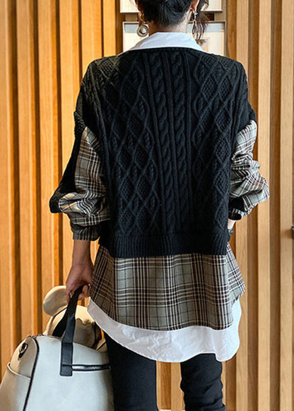 Classy Black V Neck Knit Patchwork Plaid Fall Wool Two Pieces Set