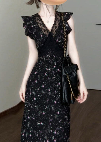 Classy Black V Neck Lace Patchwork Long Dress Short Sleeve