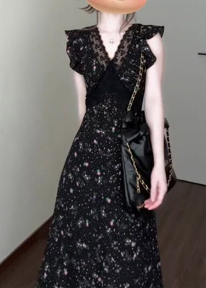 Classy Black V Neck Lace Patchwork Long Dress Short Sleeve