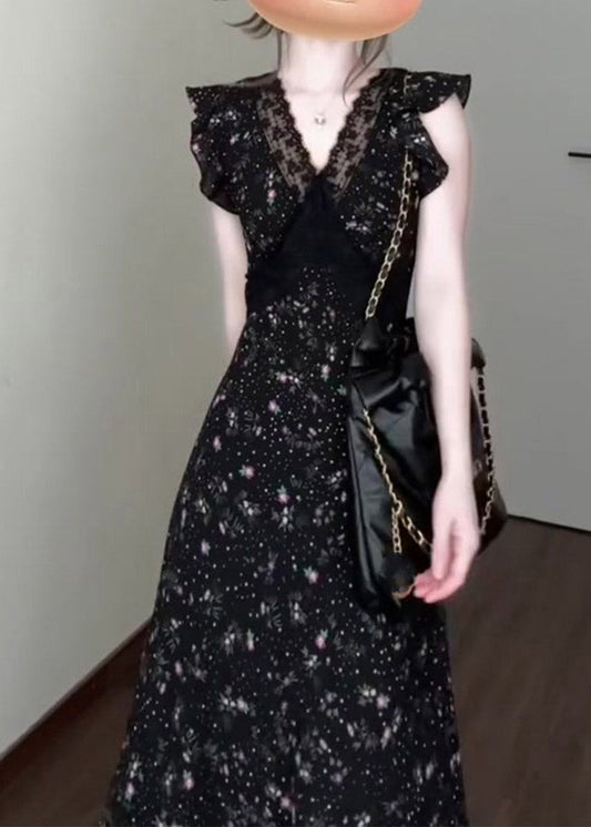 Classy Black V Neck Lace Patchwork Long Dress Short Sleeve