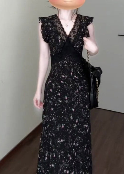 Classy Black V Neck Lace Patchwork Long Dress Short Sleeve