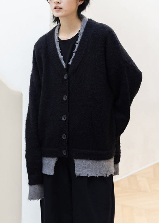 Classy Black V Neck Patchwork False Two-Piece Cotton Knit Sweaters Fall