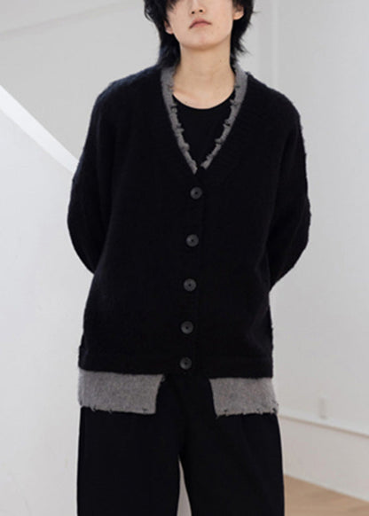 Classy Black V Neck Patchwork False Two-Piece Cotton Knit Sweaters Fall