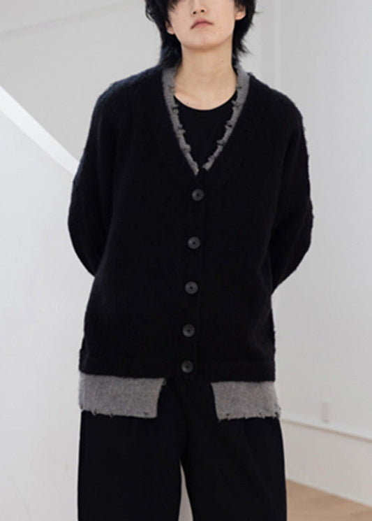 Classy Black V Neck Patchwork False Two-Piece Cotton Knit Sweaters Fall