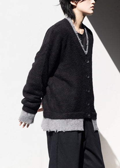 Classy Black V Neck Patchwork False Two-Piece Cotton Knit Sweaters Fall