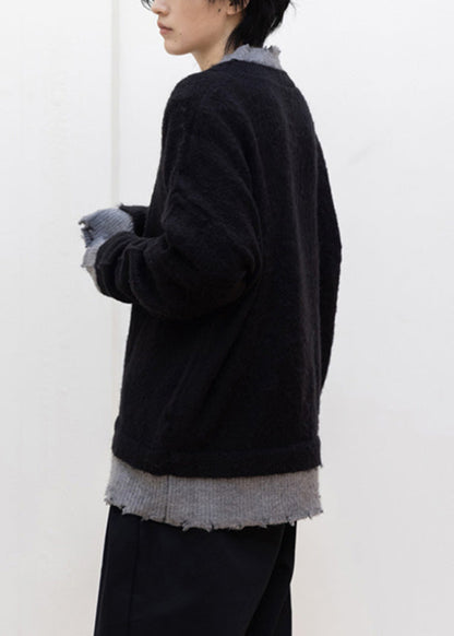 Classy Black V Neck Patchwork False Two-Piece Cotton Knit Sweaters Fall