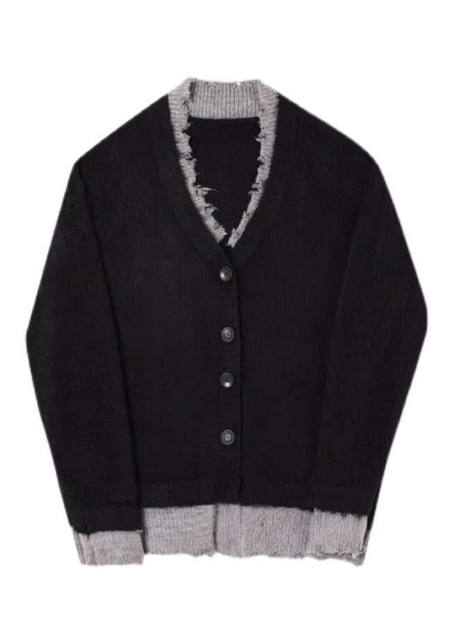 Classy Black V Neck Patchwork False Two-Piece Cotton Knit Sweaters Fall