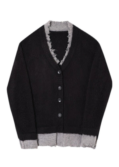 Classy Black V Neck Patchwork False Two-Piece Cotton Knit Sweaters Fall