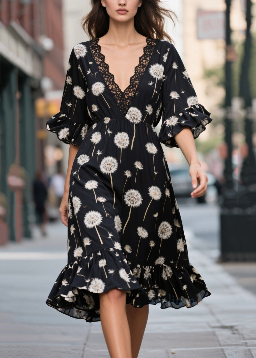 Classy Black V Neck Print Chiffon Day Dress Summer