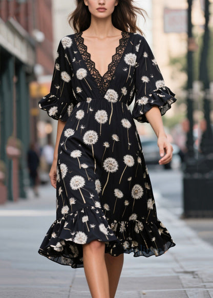 Classy Black V Neck Print Chiffon Day Dress Summer
