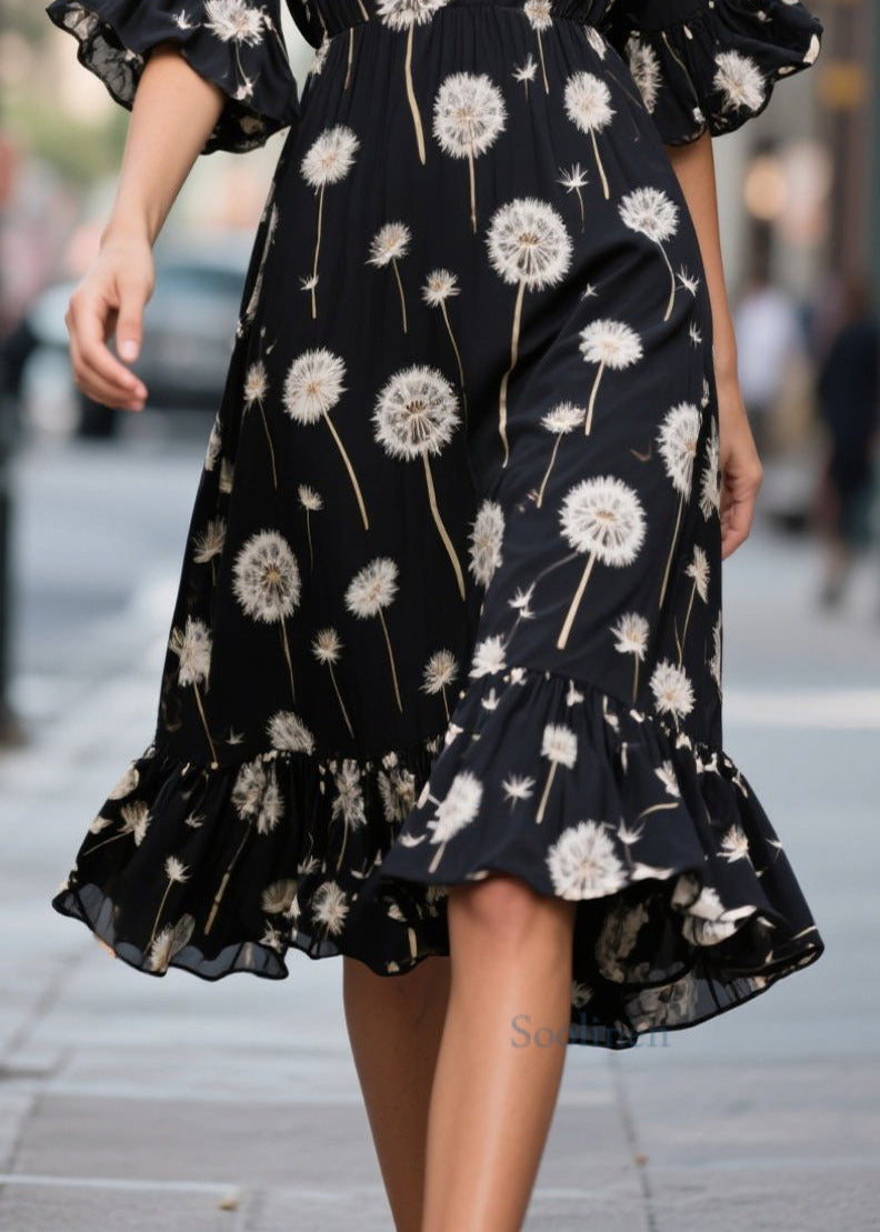 Classy Black V Neck Print Chiffon Day Dress Summer