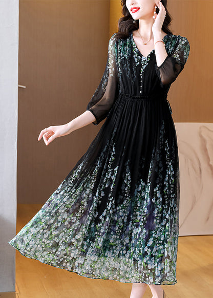 Classy Black V Neck Print Drawstring Wrinkled Silk Long Dress Summer