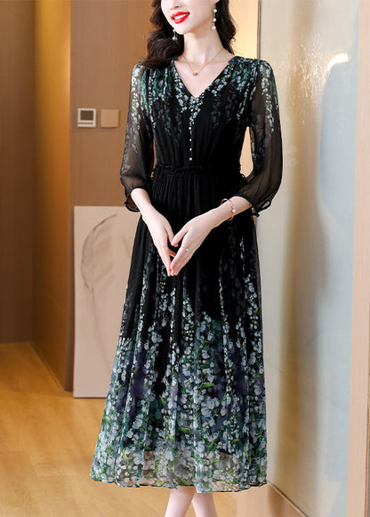 Classy Black V Neck Print Drawstring Wrinkled Silk Long Dress Summer