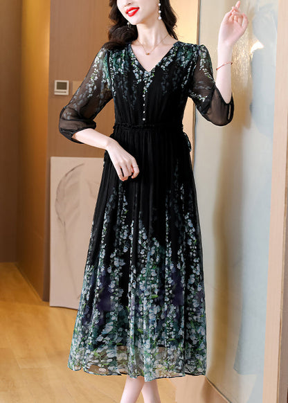 Classy Black V Neck Print Drawstring Wrinkled Silk Long Dress Summer