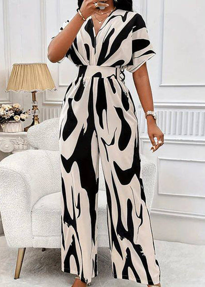 Classy Black V Neck Print High Waist Jumpsuits Summer