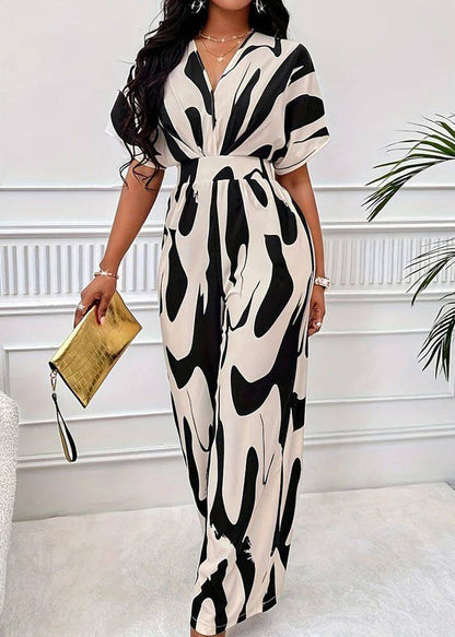 Classy Black V Neck Print High Waist Jumpsuits Summer