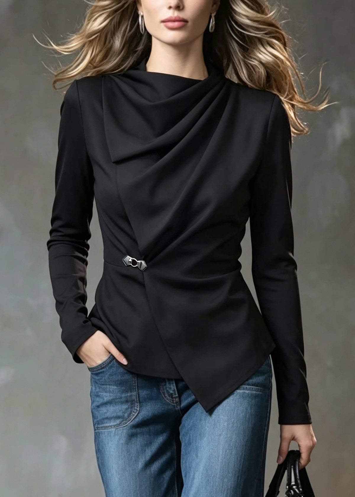 Classy Black Wrinkled Asymmetrical Patchwork Cotton Top Fall