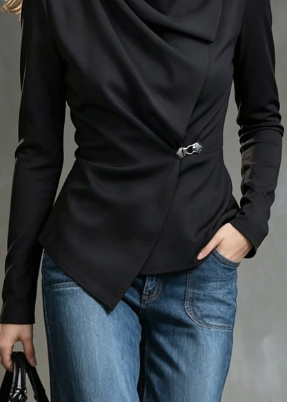 Classy Black Wrinkled Asymmetrical Patchwork Cotton Top Fall
