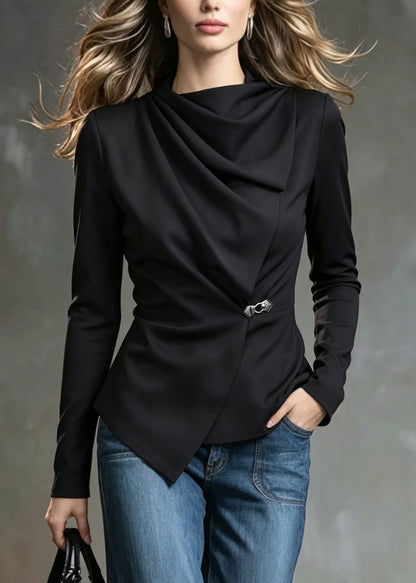 Classy Black Wrinkled Asymmetrical Patchwork Cotton Top Fall