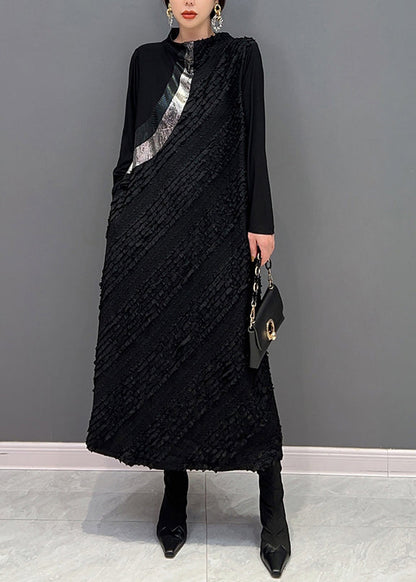 Classy Black Wrinkled Patchwork Cotton Long Dress Fall