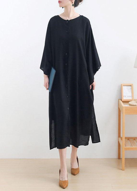 Classy Black side Open Cotton Dress long Shirts Fall Dress - SooLinen