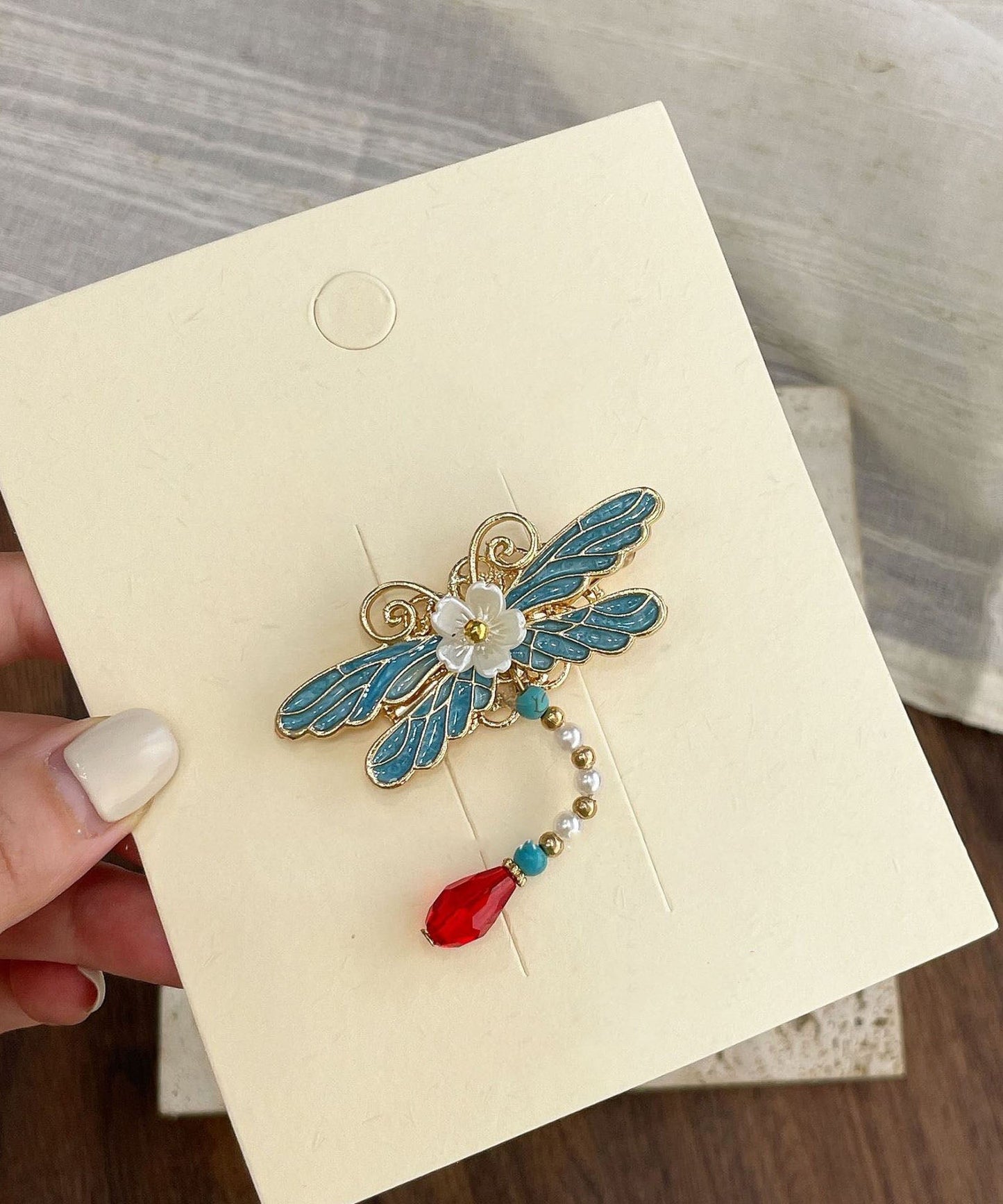 Classy Blue Butterfly Sterling Silver Overgild Enamel Pearl Tassel Hairpin