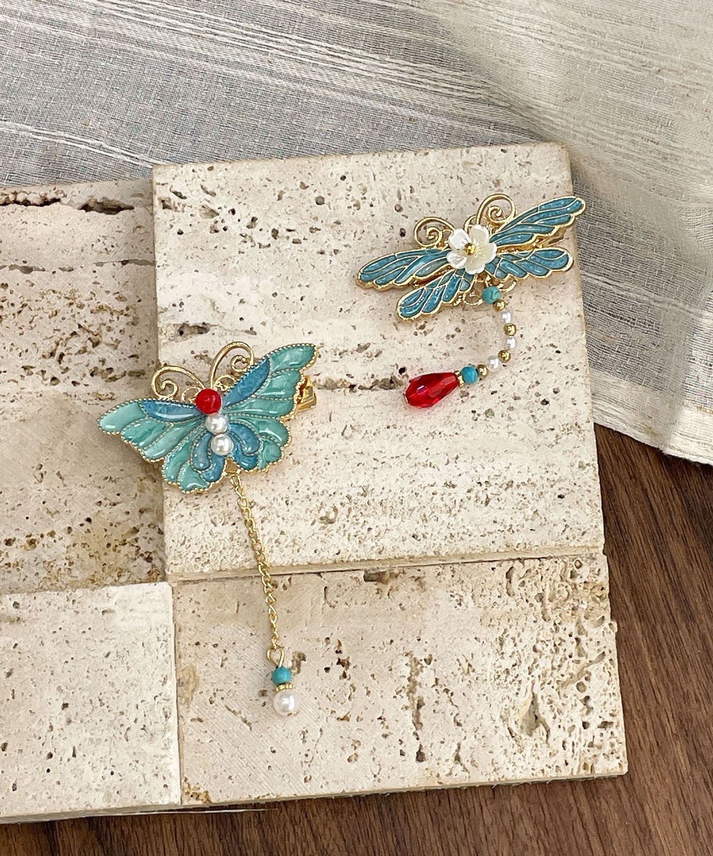 Classy Blue Butterfly Sterling Silver Overgild Enamel Pearl Tassel Hairpin