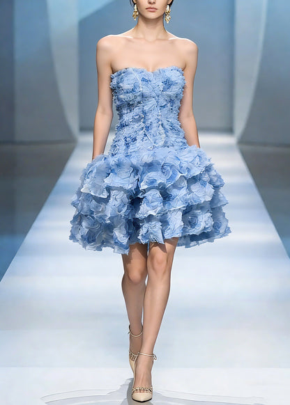 Classy Blue Cold Shoulder Floral Tulle Mid Dress Summer