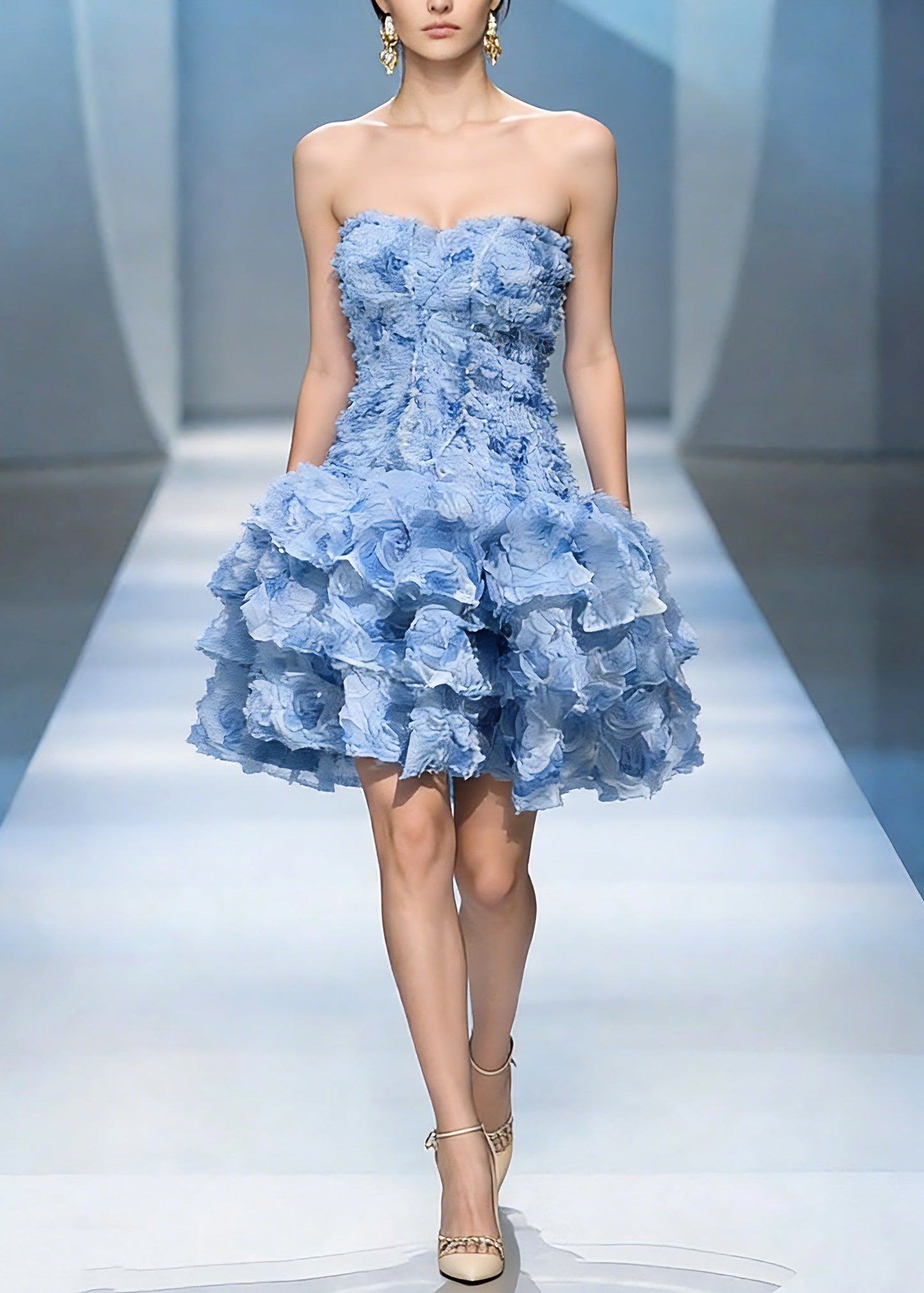 Classy Blue Cold Shoulder Floral Tulle Mid Dress Summer