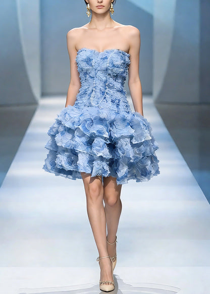 Classy Blue Cold Shoulder Floral Tulle Mid Dress Summer