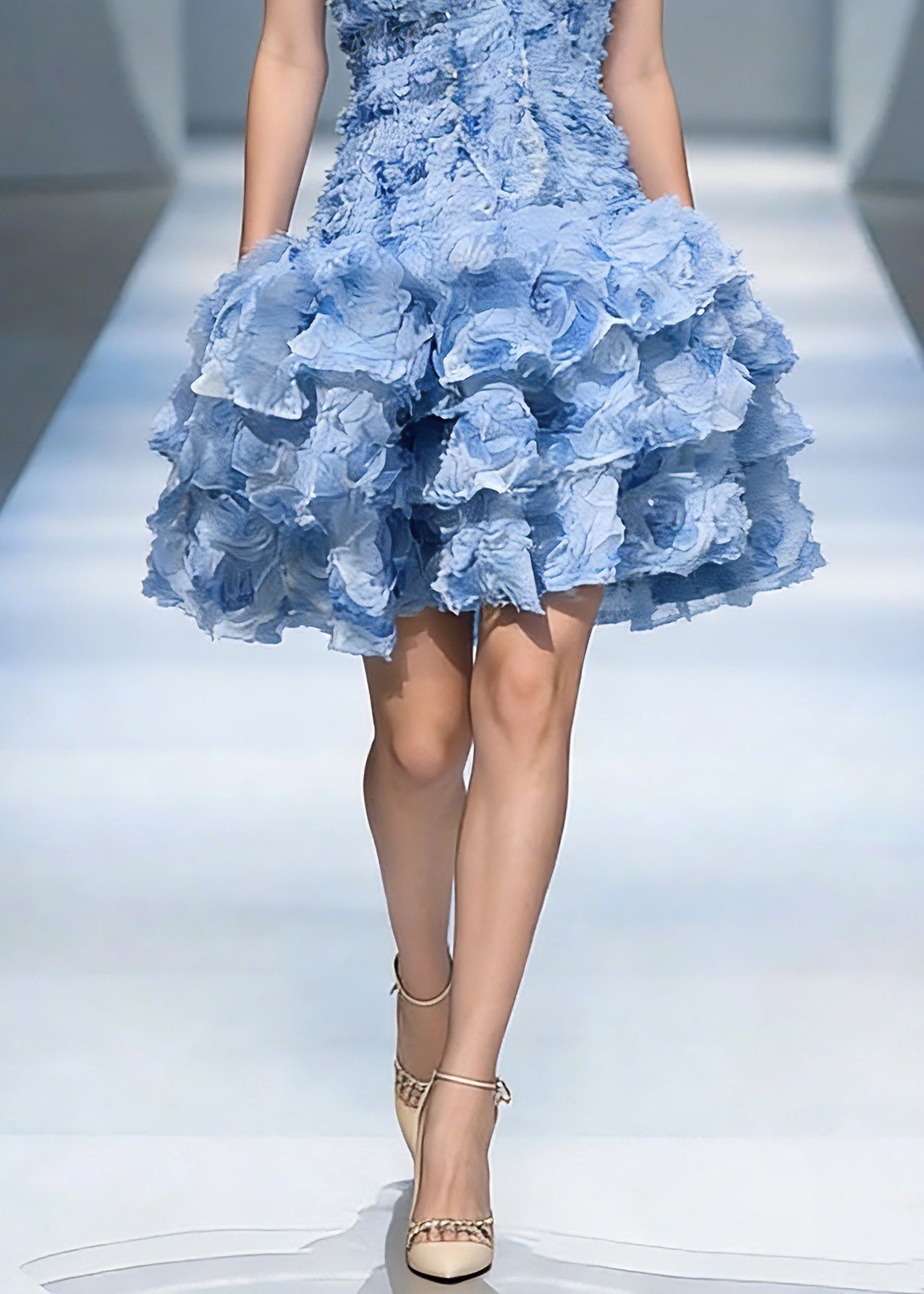 Classy Blue Cold Shoulder Floral Tulle Mid Dress Summer