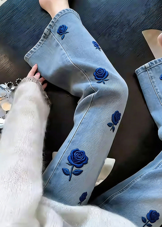 Classy Blue Embroidered Floral Denim Straight Pants Spring