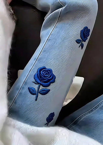 Classy Blue Embroidered Floral Denim Straight Pants Spring
