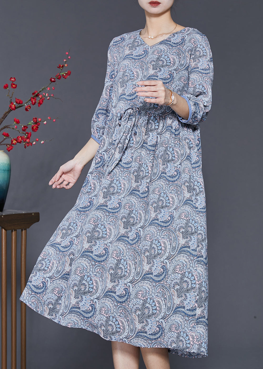 Classy Blue Grey Cinched Print Chiffon Dress Bracelet Sleeve