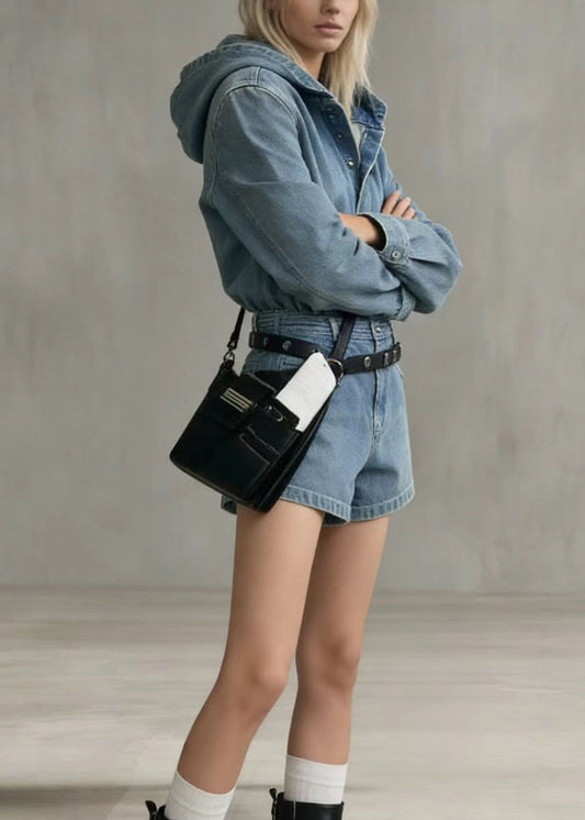 Classy Blue Hooded Denim Shorts Jumpsuit Spring