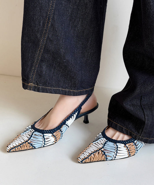 Classy Blue Knit Fabric Splicing High Heel Sandals Pointed Toe
