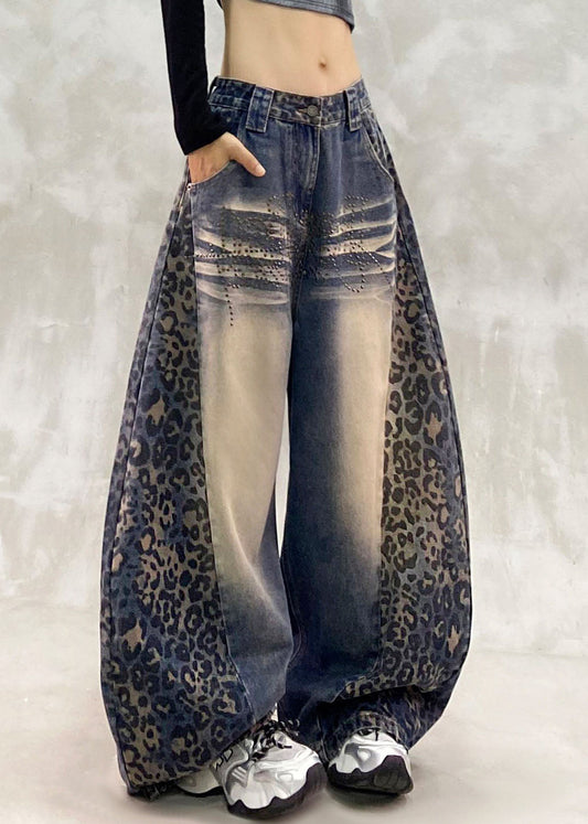 Classy Blue Leopard Print Patchwork Straight Jeans Fall
