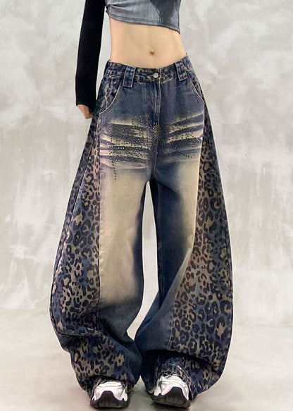 Classy Blue Leopard Print Patchwork Straight Jeans Fall