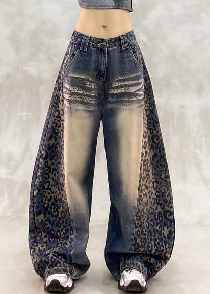 Classy Blue Leopard Print Patchwork Straight Jeans Fall