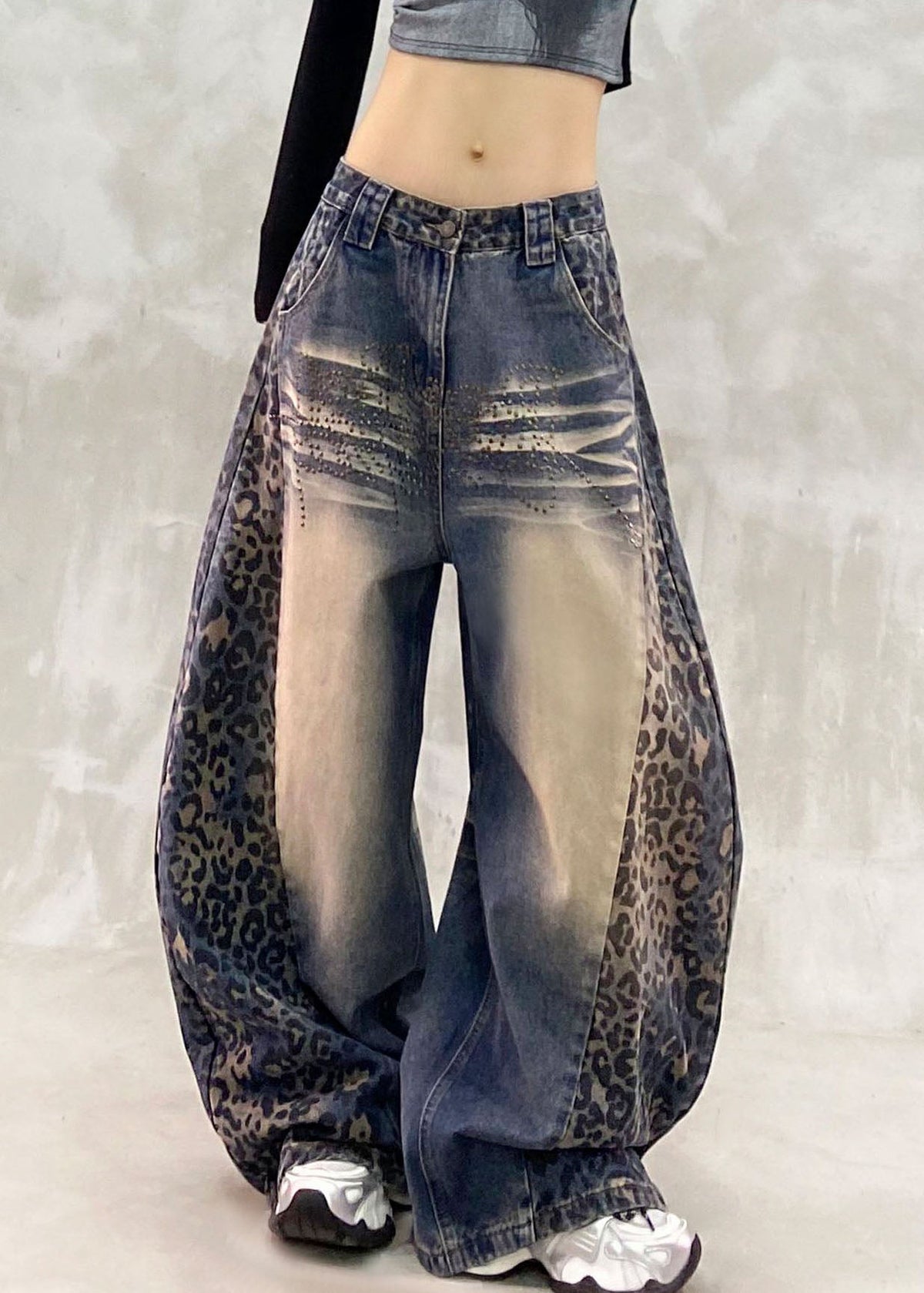 Classy Blue Leopard Print Patchwork Straight Jeans Fall