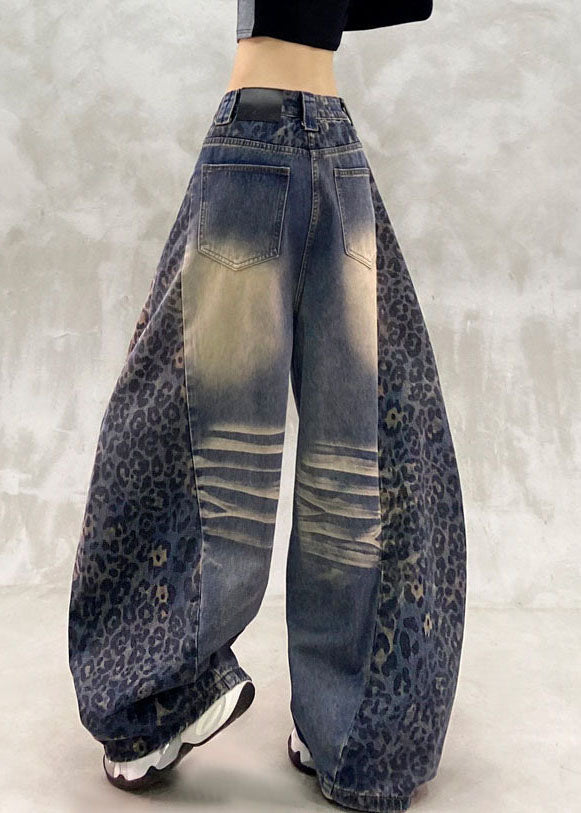 Classy Blue Leopard Print Patchwork Straight Jeans Fall
