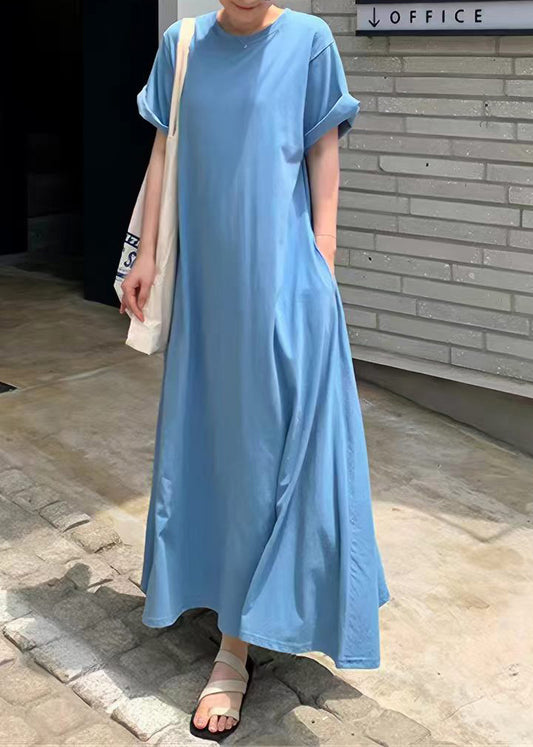 Classy Blue O-Neck Exra Large Hem Cotton Dresses Short Sleeve