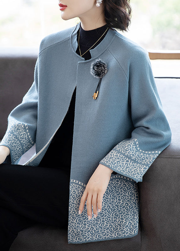 Classy Blue O-Neck Patchwork Knit Coats Spring