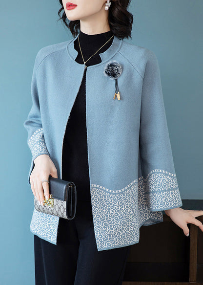 Classy Blue O-Neck Patchwork Knit Coats Spring